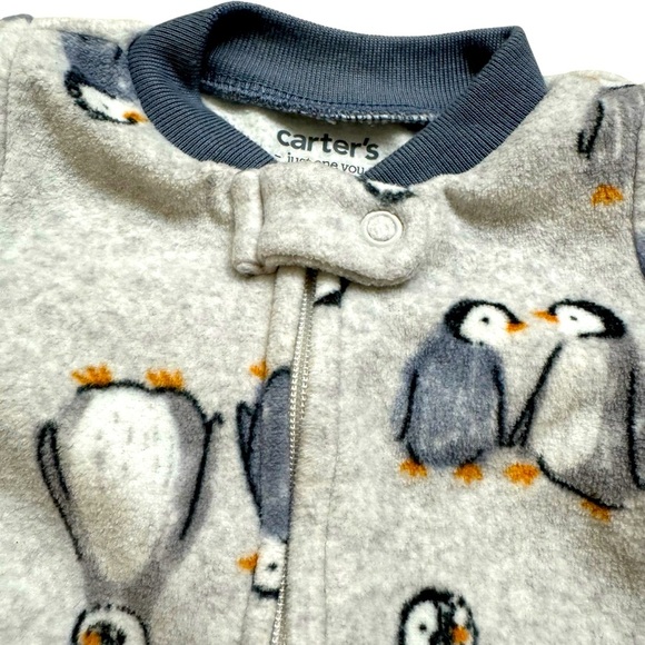 Carter’s Gray Fleece Penguin Pajama Footed 2-way zip Baby Boy NB - Picture 3 of 5